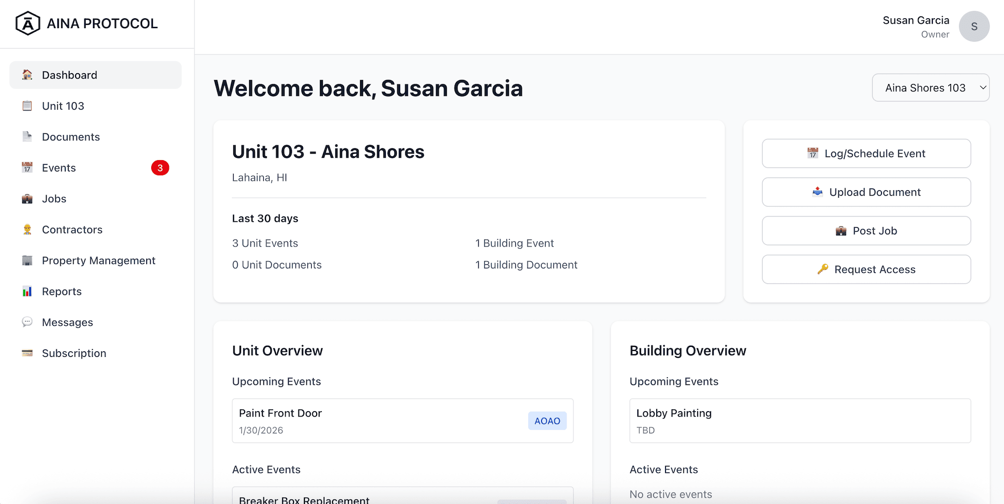 Aina Protocol owner dashboard showing building timeline and maintenance history